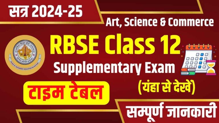 Thumbnail showing the RBSE logo, a calendar icon, an hourglass, and bold text “RBSE Class 12 Supplementary Exam Time Table” for the 2024–25 session (Arts, Science & Commerce).