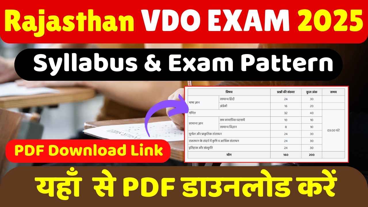 Thumbnail showing “Rajasthan VDO Exam 2025” header, “Syllabus & Exam Pattern” subheading, a table listing subjects (General Hindi, English, Mathematics, General Knowledge, General Science, Geography & Environment, Rajasthan Agriculture & Economic Institutions, History & Culture) with their question counts and marks, a “PDF Download Link” button with an arrow, and Hindi text “यहाँ से PDF डाउनलोड करें” at the bottom.